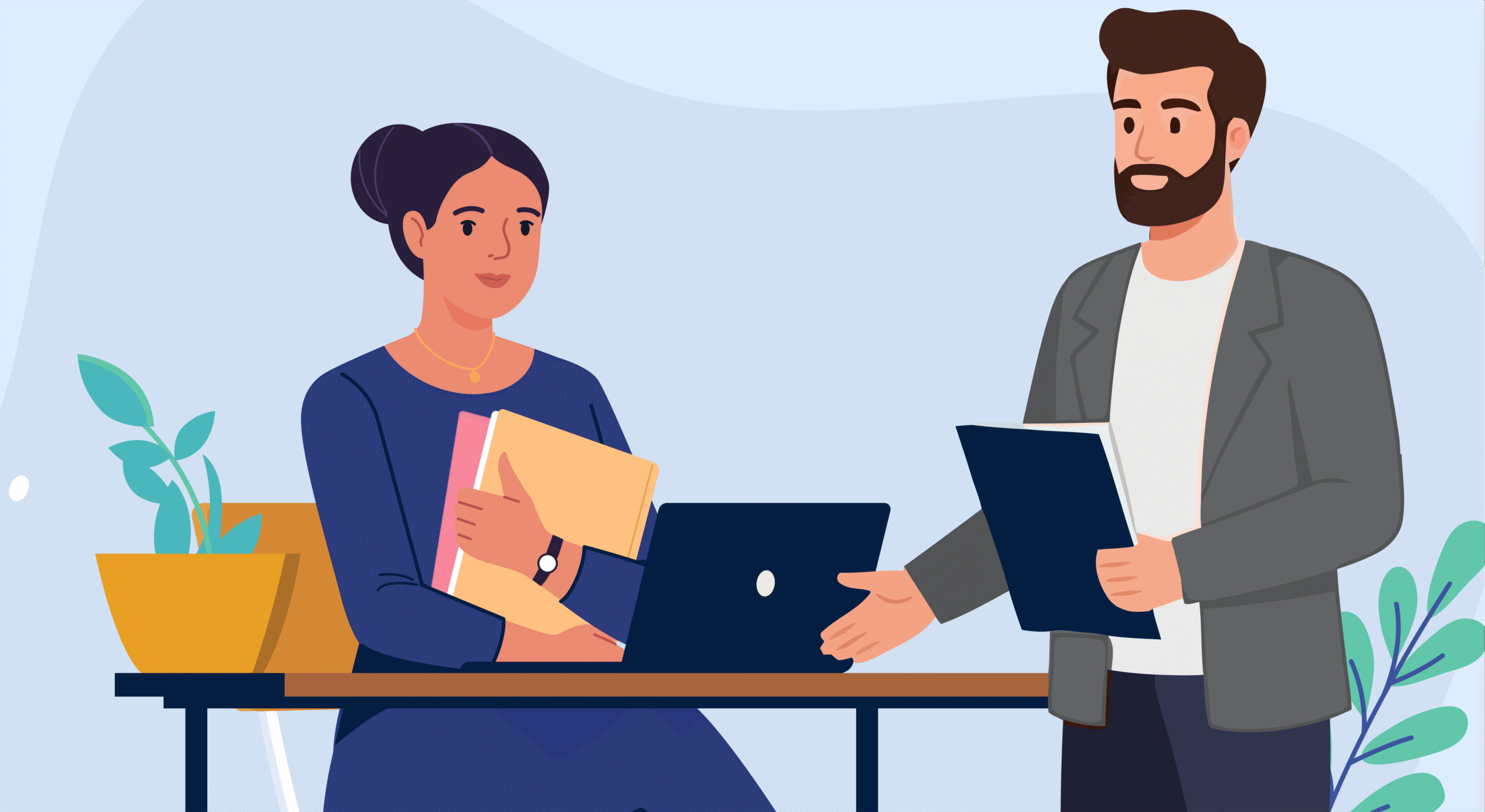 Illustration of two business professionals talking near a table